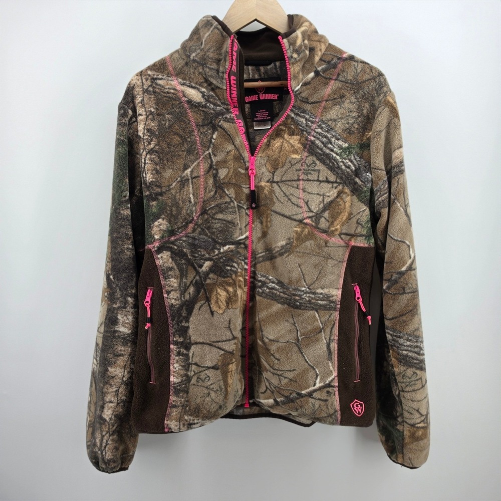 Game Winner Camo Fleece Jacket Womens XL Pink Trim Full Zip Camouflage Hunting
